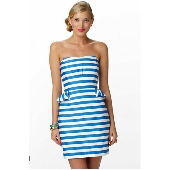 Lilly Pulitzer Dresses & Skirts - Lilly Pulitzer Maybell Dress Blue Swizzle Stripe Strapless Peplum Womens Size 10
